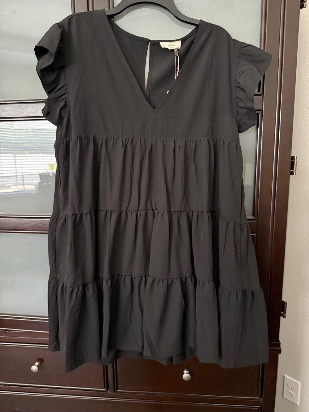 entro Black Tiered Mini Dress with Ruffle Sleeves